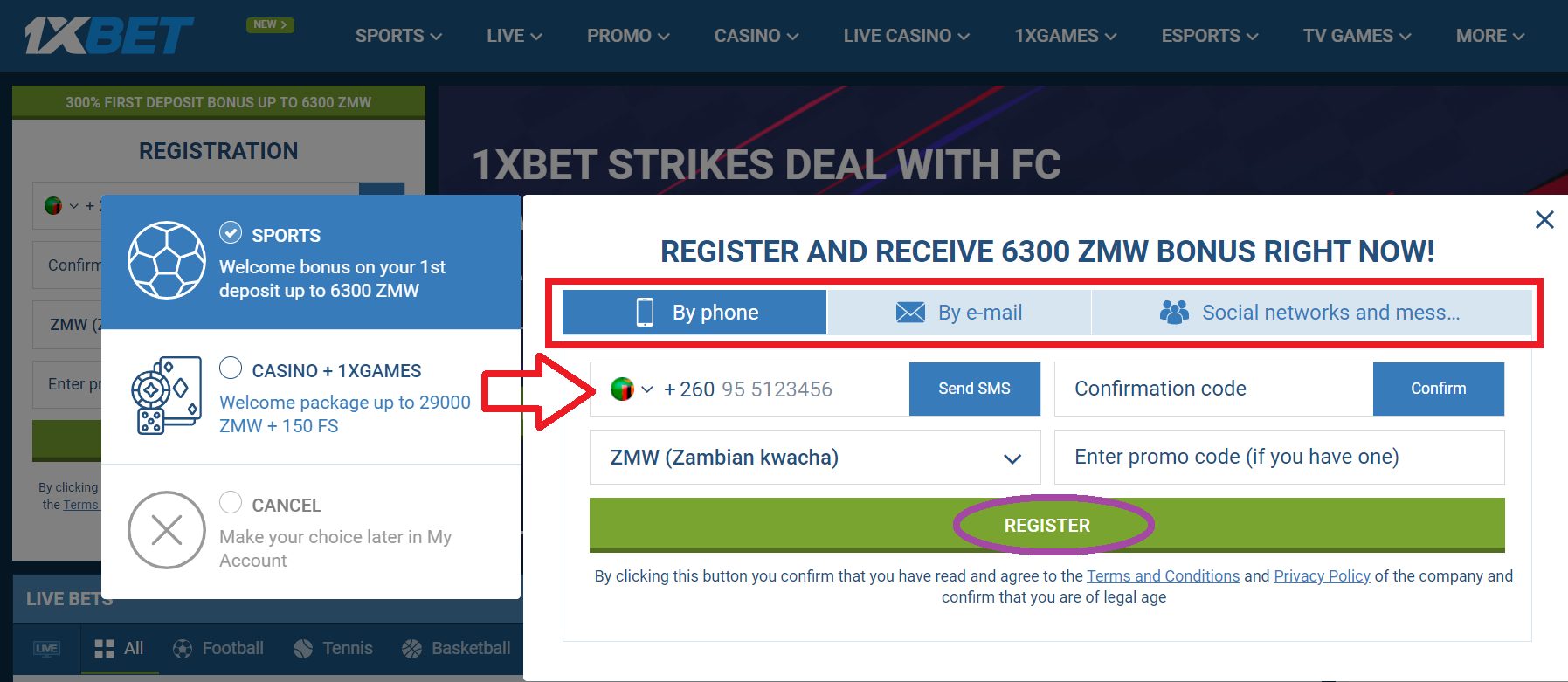 1xBet registration Zambia by phone number