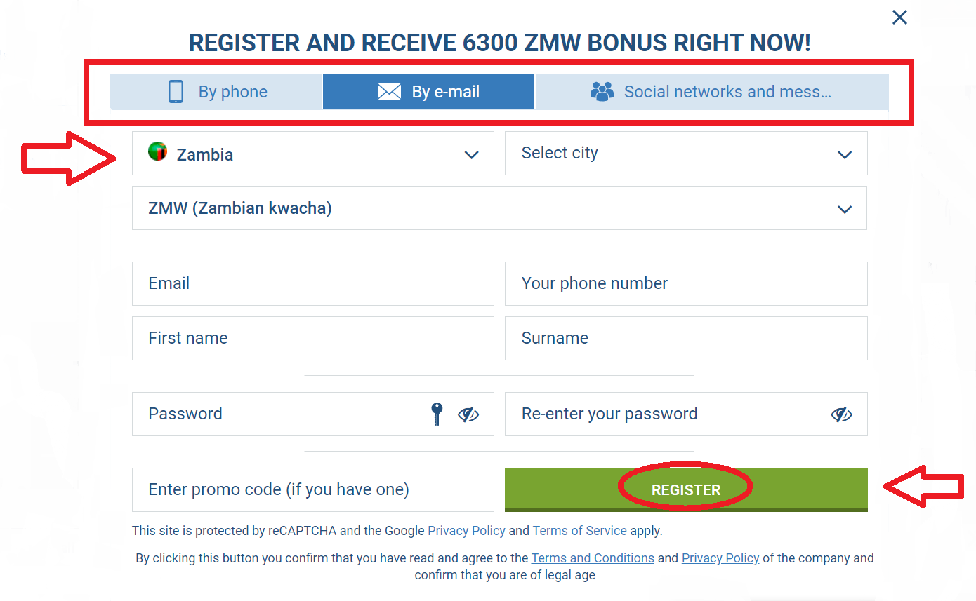 1xBet registration by email